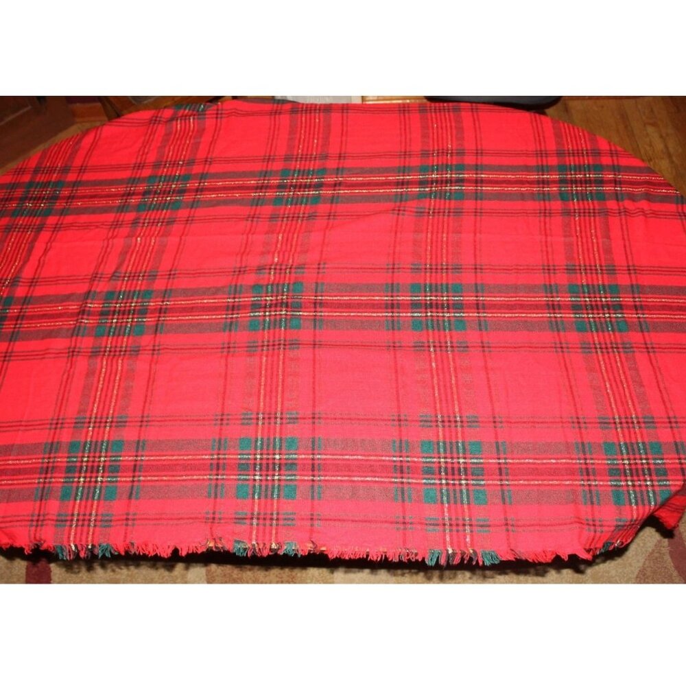 Vintage Plaid Tartan Holiday Red Green Gold Tablecloth Christmas Dinning 80x56